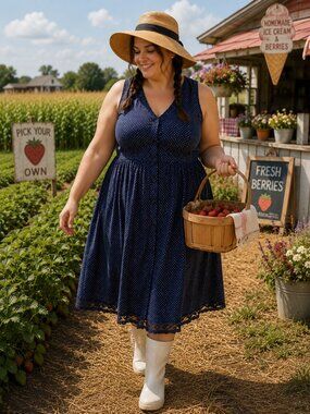 Claire France Navy Polka Dot Lace Trim Midi Dress Size 18